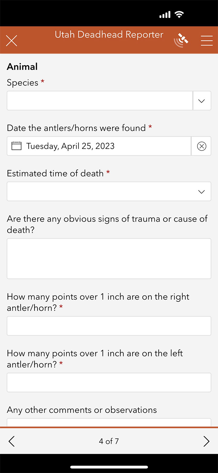 iOS screen shot of Utah Deadhead Reporter app, animal information screen