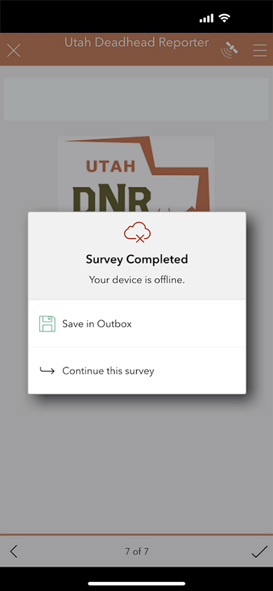 iOS screen shot of Utah Deadhead Reporter app, save in outbox screen