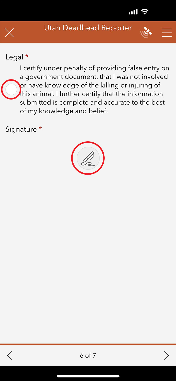 iOS screen shot of Utah Deadhead Reporter app, signature screen