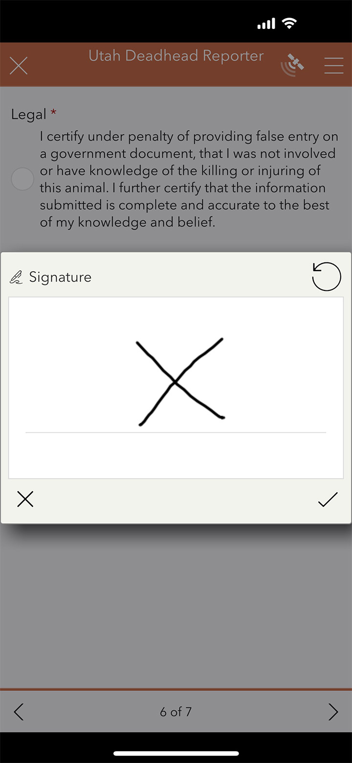 iOS screen shot of Utah Deadhead Reporter app, signature screen