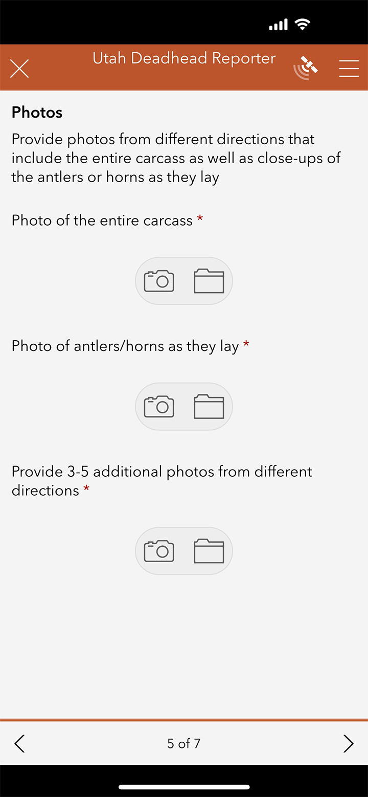 iOS screen shot of Utah Deadhead Reporter app, upload photos screen