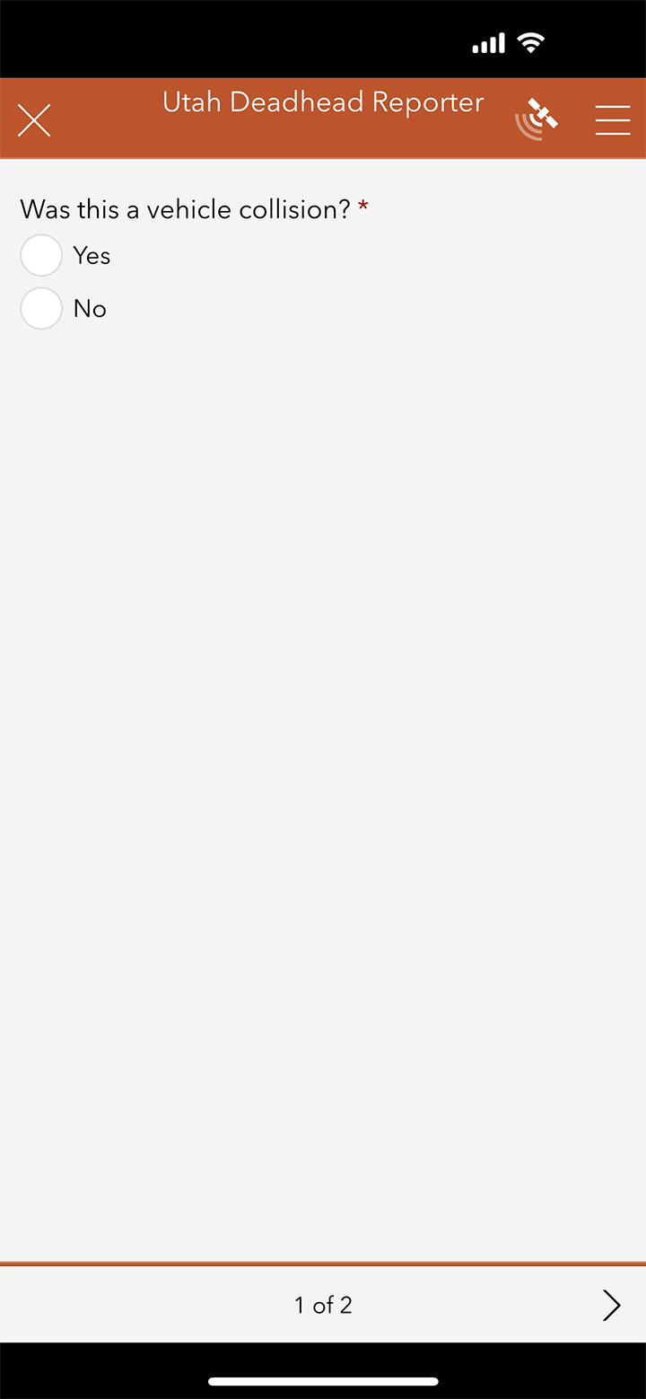 iOS screen shot of Utah Deadhead Reporter app, vehicle collision question
