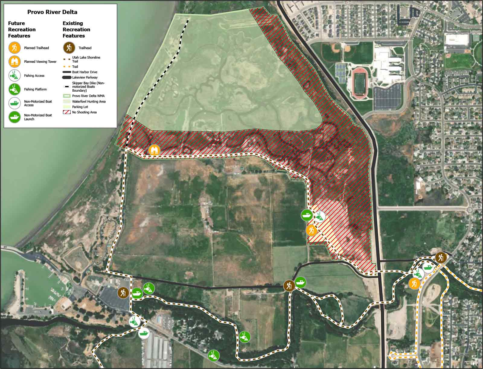 Terrain map of the Provo River Delta, showing existing and future recreation facilities